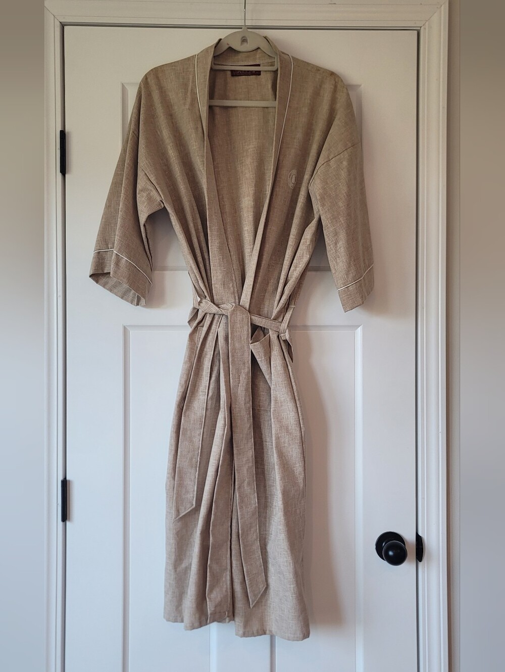 Women's Linen-Blend Robe in Beige with Self-Tie Belt Made In USA
